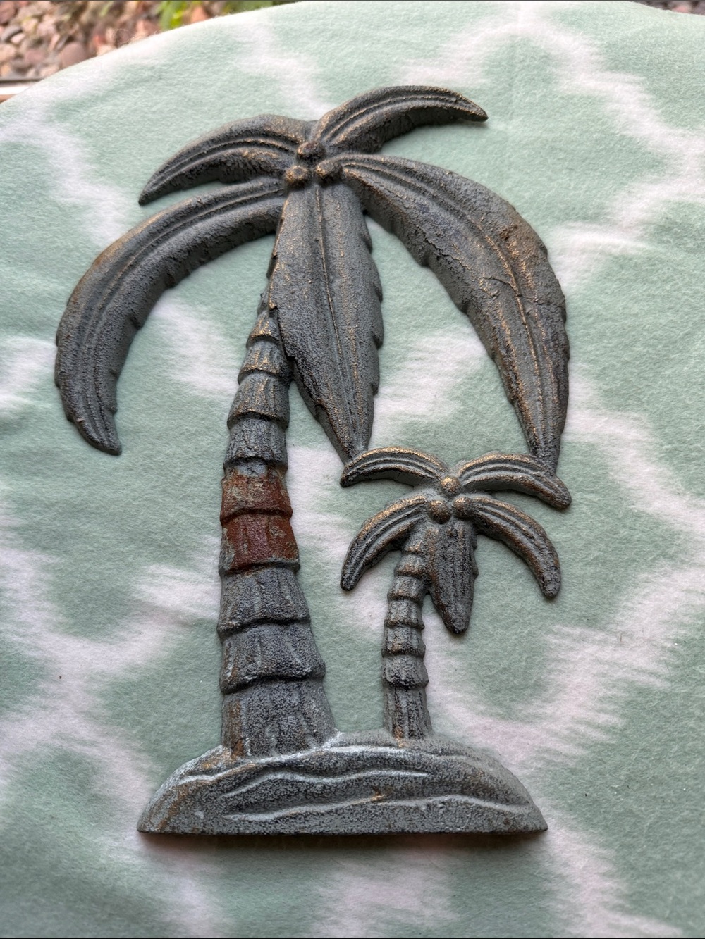 Vintage Cast Iron Rustic Twin Palm Tree Wall Decor - Green Brown
